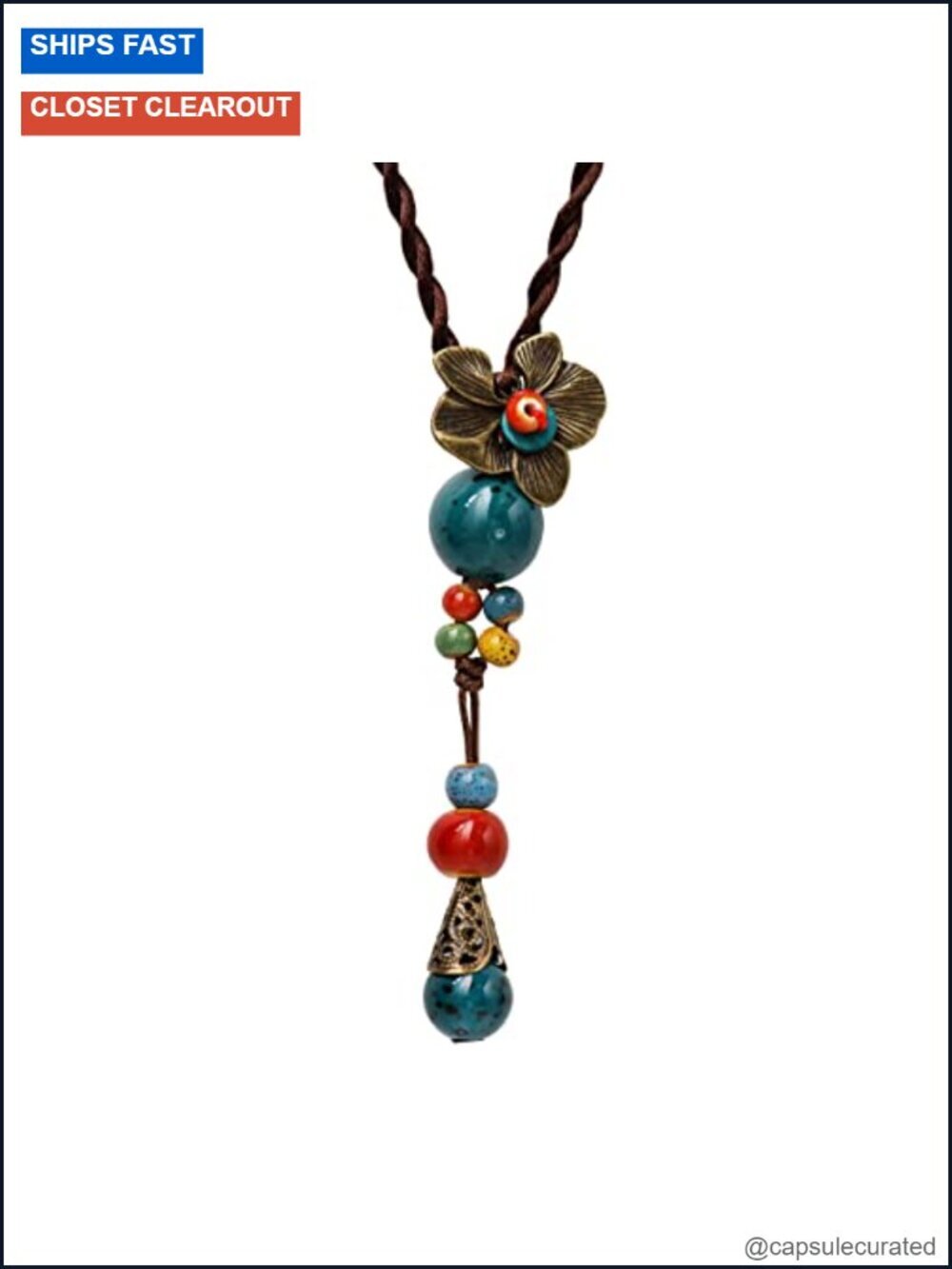 Vintage Boho Ceramic Bead Y Necklace with Antique Floral Pendant